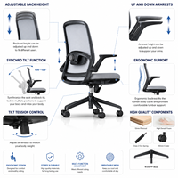 Chaise de bureau ergonomique en maille avec accoudoirs fixes, cadre chromé, inclinaison à 3 niveaux, vérin à gaz, hauteur réglable, pivotante, design moderne pour