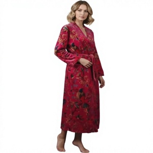 Red Velvet Floral and Birds Printed Long Sleeve Wrap Robe 2 option Women's Winter summer Full Length V-Neck <b>bath</b> robe kimono - Product Image 1