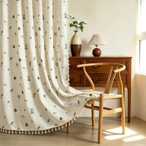 Rèm cửa hoa văn xanh cổ điển cho phòng khách, rèm cửa phong cách nông trại màu kem be pha vải lanh - Product Image 6