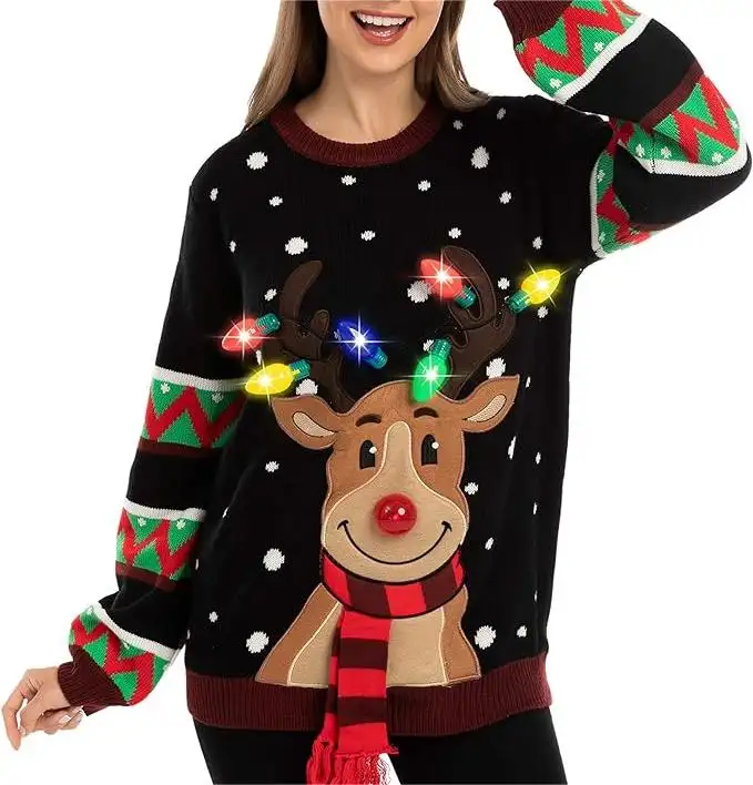 クリスマスクリスマスジャンパー工場カスタム女性大人ジャカード鹿音楽醜いクリスマスセータージャンパーLEDライト付き