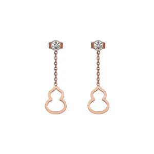 stainless steel crystal earrings studs round cubic zirconia bezel setting,diamond stud long chain earrings with gourd pendant