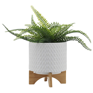Pot en céramique avec support en bois, design géométrique blanc, pot décoratif intérieur/extérieur pour la maison, le jardin, l'entrée, la terrasse - Product Image 3