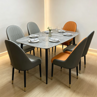 Table à manger moderne avec plateau en pierre carré, pieds en métal et chaises en cuir PU orange pour la salle à manger à domicile, 6 places