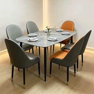 Modern Rectangular Marble Top <b>Dining</b> Table with Metal Legs and Orange PU Leather <b>Chairs</b> for Home <b>Dining</b> Furniture - Product Image 3