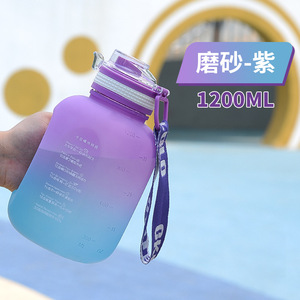 Botella de Agua de Plástico con Degradado Rosa y Gris, Marcadores de Tiempo, Tapa con Bisagras y Asa, para Viajes al Aire Libre, Diseño Moderno para Adultos - Product Image 3