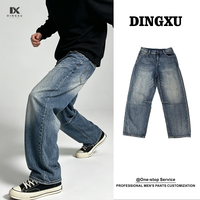 Jeans coupe large pour homme, bleu, denim délavé vintage, jambe ample, coutures apparentes, genoux délavés, pantalon décontracté, OEM, personnalisé, vente en gros, en vrac