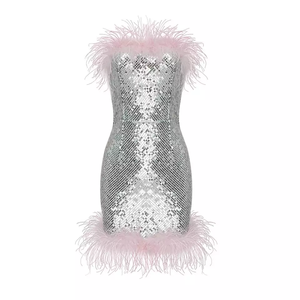 Mujeres Sexy Bustier Slim <span class=keywords><strong>Lentejuelas</strong></span> Falda Cintura-adelgazamiento Avestruz Pluma Mini <span class=keywords><strong>Vestido</strong></span> de tubo - Product Image 6