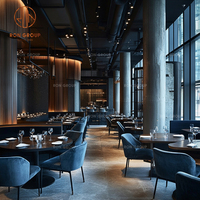 Meubles de café de luxe, chaises en velours bleu avec table ronde en bois, pieds en bois et banquette de café-restaurant bleue