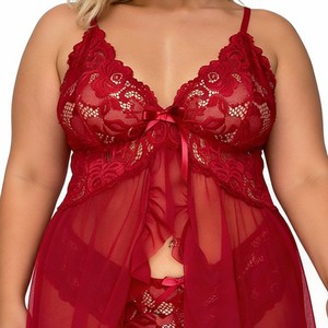 Ensemble de lingerie babydoll en dentelle rose pour femmes grandes tailles, 2 pièces, bretelles spaghetti, fente avant, mini-chemise de nuit en maille transparente à volants - Product Image 3
