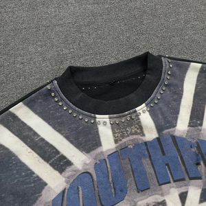Custom Vintage DTG Printed Letter Pattern 100% Cotton Acid Wash Oversized Rhinestones Boxy Fit Long Sleeve O-Neck <strong>Shirt</strong> for Men - Product Image 2