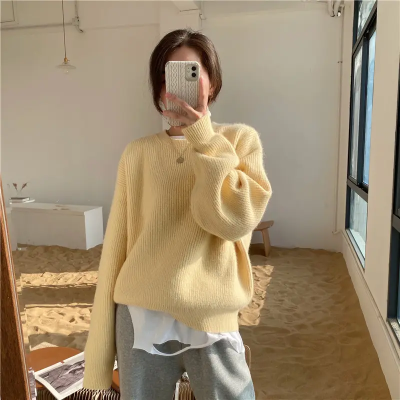 Fall winter O-neck women baggy ladies pullover clothing girls crochet long sleeve top plain pink casual knitted sweater tops