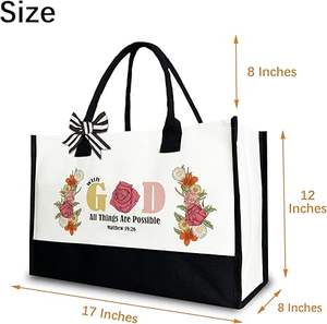 กระเป๋าโท้ทผ้าแคนวาสลายข้อความจากพระคัมภีร์ ดีไซน์คริสเตียน สำหรับผู้หญิง ผลิตตามสั่งจากโรงงาน พร้อมข้อความพระคัมภีร์ ด้วยพระเจ้าทุกสิ่งเป็นไปได้ - Product Image 2