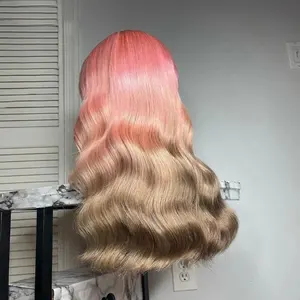 Peruaanse Haar Pruik Roze Licht Gouden Bruin Ombre Kleur Pre Geplukt Onzichtbare Knopen Virgin 360 Lace Pruik