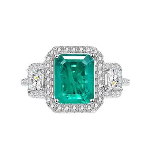 Fine Emerald Cut Gemstone Rings 925 Sterling Silver 8*10mm Square Green Zircon Rings