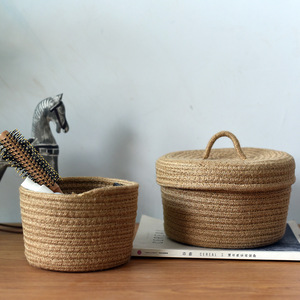 Jute Woven <b>Basket</b> Round Storage Box With Lid Handmade Desktop Organizer For Cosmetics Keys Snacks - Product Image 1