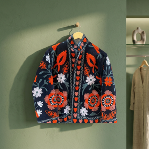 Hand Embroidered Floral Mandarin Collar <b>Jacket</b> <b>Women</b> Autumn Full Sleeve Regular <b>Velvet</b> Suzani Coat Prairie Chic Style - Product Image 3