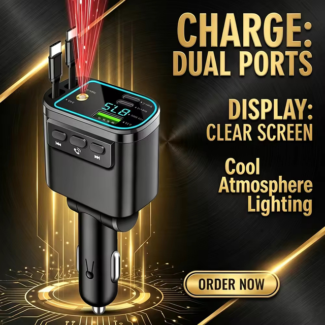 Hot Selling 5 in 1 Retractable Car Charger Fast PD 35W Star LED Display Dual USB-C FM Transmitter OTP Protection Mobile Phone