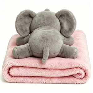 Customized Elephant Plush Toy with Foldable <b>Pink</b> Blanket 2 in 1, Grey Stuffed Elephant Animal Pillow Blanket Combo - Product Image 1