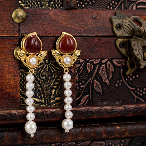 Boucles d'oreilles Hanfu Rétro en Perles et Agate Mosaïque Plaquée, Accessoires Antiques Polyvalents et Gracieux pour Filles - Product Image 3