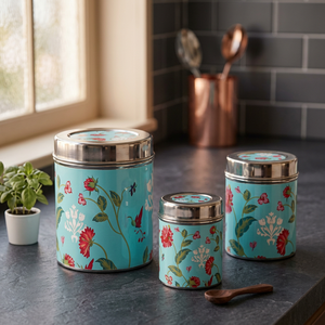Recipientes de acero inoxidable turquesa con diseño floral, juego de recipientes herméticos redondos para especias, diseño bohemio, impresión de 1 capa. - Product Image 3