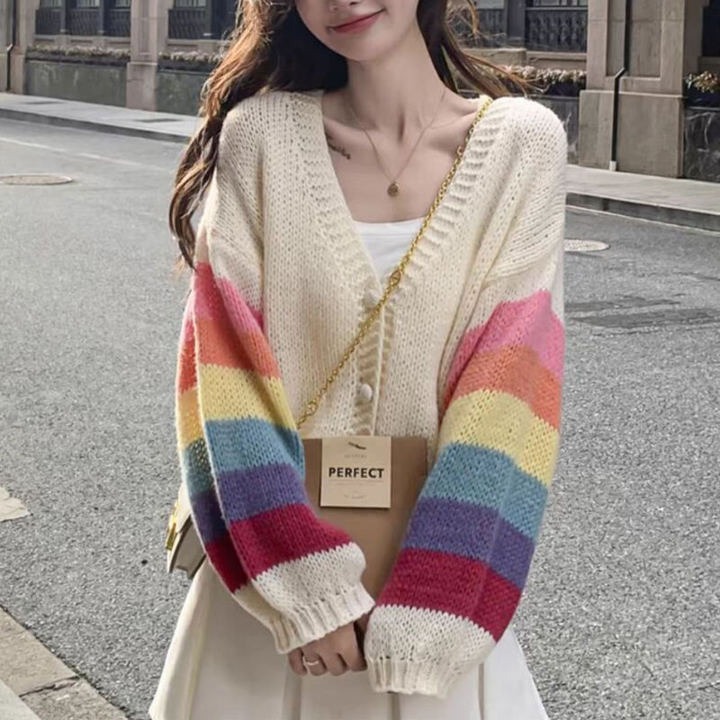 Manufacturer Striped Rainbow Cardigan Coats Korean Girls Knitwear - Main Image
