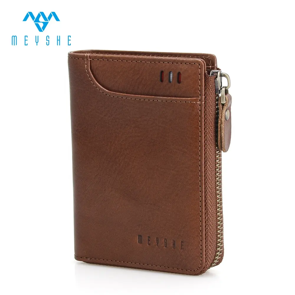 Factory Custom Dark Brown Real Genuine Leather RFID Blocking ID Card Holder Zipper Wallet For Men