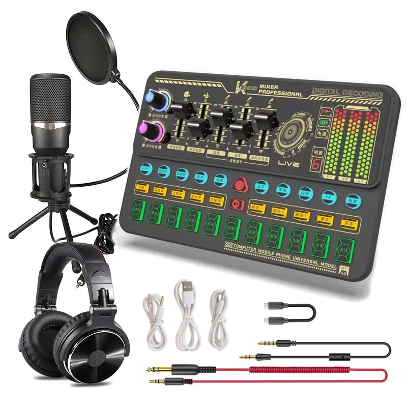 गर्म बिक्री K500 पदोन्नति रिकॉर्डिंग संगीत स्टूडियो ऑडियो इंटरफ़ेस ध्वनि कार्ड माइक्रोफोन हेडसेट एलईडी प्रकाश के साथ सेट
