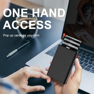 Portefeuille pour homme en fibre de carbone à trois volets, porte-cartes automatique à ouverture rapide, protection RFID, taille compacte, noir - Product Image 4