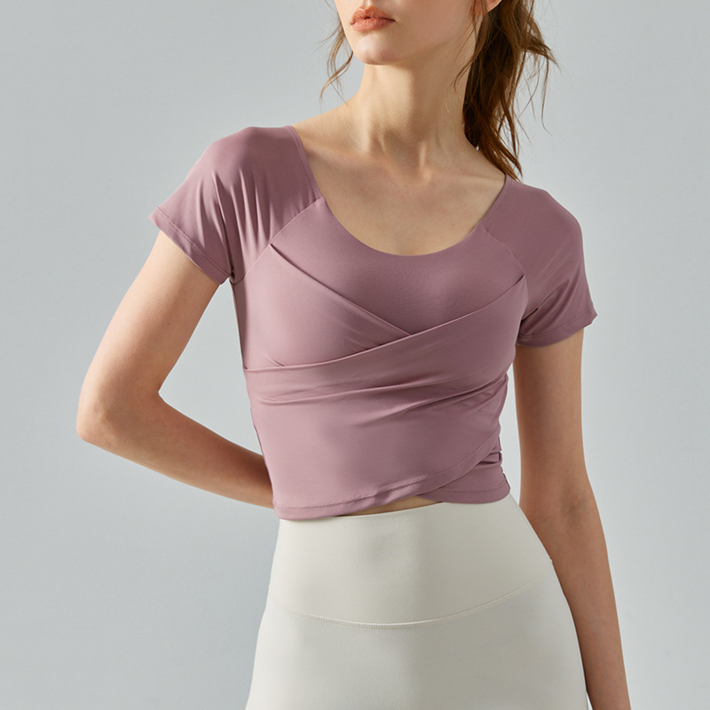 Women's Short Sleeve Yoga Top with Built-in Bra Cross Wrap Crop Top Quick Dry Breathable Sports T-Shirt for Workout Gym