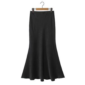 Jupe longue en satin unie taille régulière pour femme, style queue de poisson, en polyester doux, coloris violet et noir, grande taille, N9214 - Product Image 1