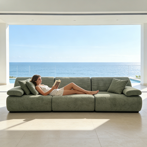 Sofá Seccional de Terciopelo Oliva, Comprimido, Módulos Redondeados, Sellado al Vacío, para Sala de Estar, Estilo Relajado y Cómodo - Product Image 1