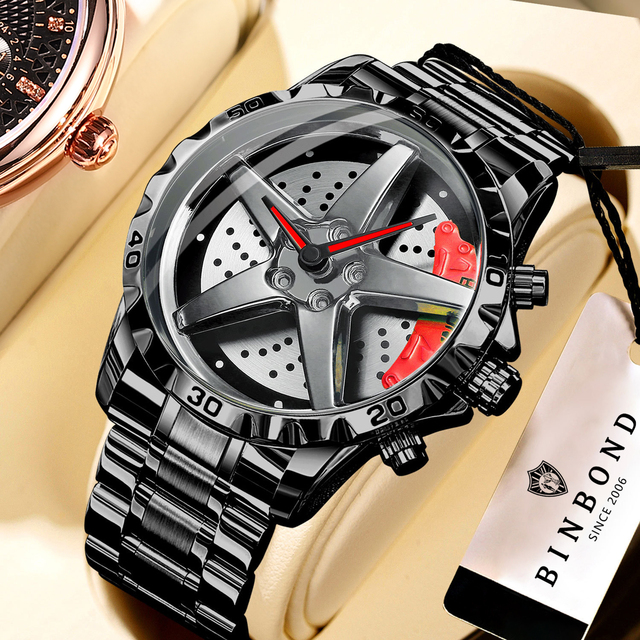 BINBOND Flywheel Spinning Unique Luxury Watch Men's Quartz Business Watch 40mm Dial Stainless Steel Band Watch 30m Waterproof