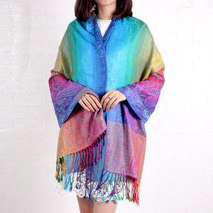 Colorful Rainbow <strong>Paisley</strong> Jacquard <strong>Pashmina</strong> Silk Feeling Women Wrap Shawl Tassels <strong>Scarves</strong> for Women for Autumn Season - Product Image 6