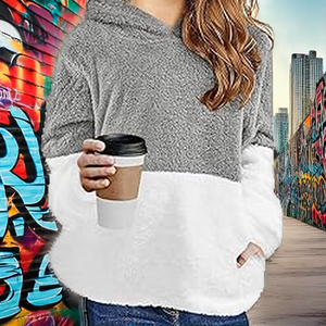 Sudadera con capucha de sherpa para mujer, suave y afelpada, con bloques de color, de manga larga, cómoda para el invierno, ropa de estar por casa, informal - Product Image 2