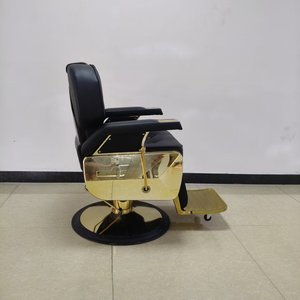 Fauteuil de Barbier Moderne en Similicuir Noir avec Structure Métallique Dorée, Hauteur Réglable, Pompe Hydraulique, Base Ronde, Mobilier de Salon - Product Image 4