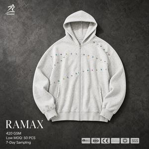 Sweat à capuche zippé personnalisé pour homme, 420 GSM, jacquard épais, décorations en strass colorés, streetwear, veste à capuche entièrement zippée, OEM ODM - Product Image 1