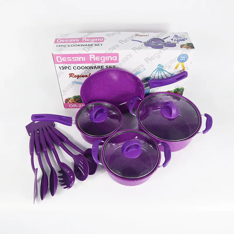 Factory Custom Purple 13pcs Cheap Kitchen Housewares Non Stick Kitchen Pots Cookware Sets