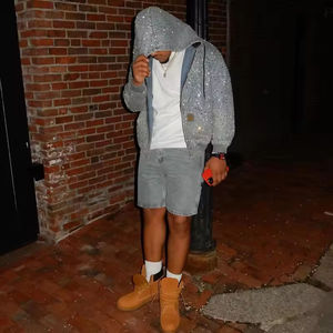 Personnalisé 100% Coton Strass <span class=keywords><strong>Veste</strong></span> Homme Cristal Streetwear Surdimensionné Baggy Applique Patch Brodé Hommes Zip Up Denim À Capuche - Product Image 5