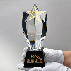 Custom Engraved Star Crystal Glass Award Trophy with Gold Logo Five Points Art-Themed K9 Trophy on a Base 3D Laser Engraved