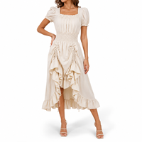 Robe midi décontractée pour femme, col carré, manches bouffantes, taille smockée, volants irréguliers, uniforme de bureau, OEM ODM, logo personnalisé