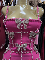 Robe de soirée moulante mini rose de luxe personnalisée avec nœud en perles et strass, sans bretelles, pour club et fête