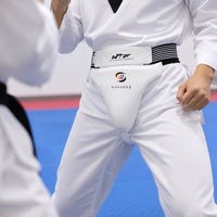 Protège-entrejambe de Taekwondo en plastique PU avec logo personnalisé et impression sur la ceinture, anatomique, pour compétition et entraînement, vente en gros
