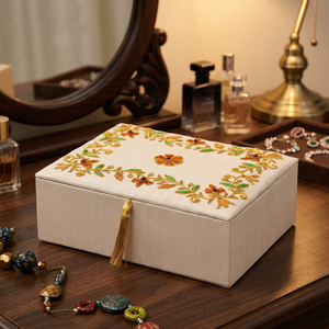 Caja de Madera Hecha a Mano con Bordado de Lujo, Diseño Floral con Cuentas, Caja de Regalo Exquisita para Joyería, Decoración del Hogar, Bodas - Product Image 1