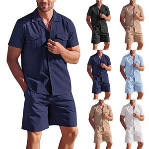 Set da <span class=keywords><strong>uomo</strong></span> in <span class=keywords><strong>lino</strong></span> a 2 pezzi camicia con bottone a maniche corte e pantaloncini estivi abiti da <span class=keywords><strong>spiaggia</strong></span> Casual - Product Image 1