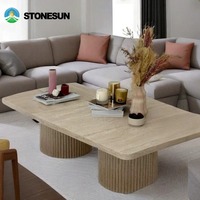 Table basse convertible de luxe StoneSun pour salon, style italien, irrégulière, pieds en bois massif, moderne, en travertin, pierre naturelle, haut de gamme
