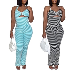 <b>Sexy</b> Lace-up Halter Short Top With Slim Pencil Pants Jacquard Stripe Women's Two Piece <b>Set</b> Fashion - Product Image 1