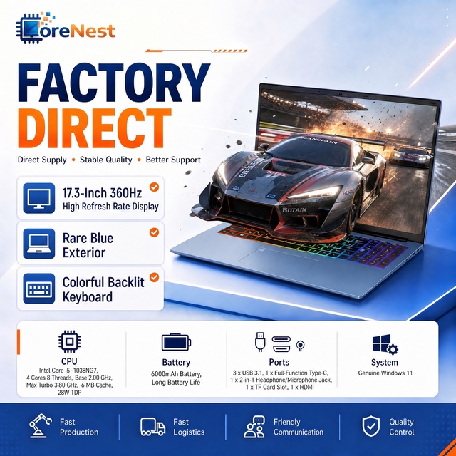 CoreNest 17.3 Inch High Performance Laptop Intel Core I5 1038NG7 4 Cores 8 Threads 16GB RAM 360Hz High Refresh Business Notebook