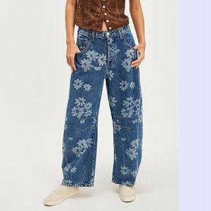Jeans Anchos Personalizados OEM para Mujer, Estilo Hip-Hop Urbano, 100% Algodón, Lavado Ácido, Desgastado, con Grabado Láser, Jeans Anchos de Mezclilla - Product Image 1