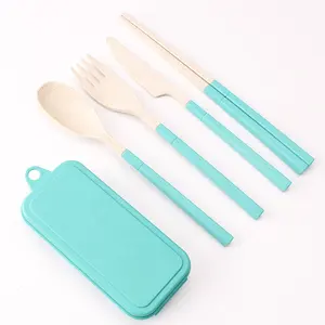 Berkemah perjalanan dapat digunakan kembali sendok garpu pisau tabung sumpit sendok peralatan makan portabel jerami gandum Set alat makan dengan kasus