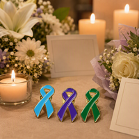Broche en émail souple en métal, ruban de sensibilisation, bleu clair, violet, vert, symbole de soutien, bord doré, cadeau pour la charité, vente en gros